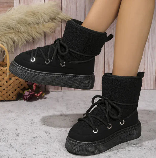 Fashion Lace-up Snow Boots Winter Flat Thick-soled Height-enhancing Cotton Shoes For Women Casual Warm Short Boot | ZanziZest