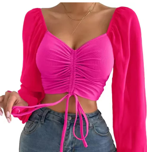 V-Neck Drawstring Crop Top with Balloon Sleeves – Stylish Streetwear | ZanziZest