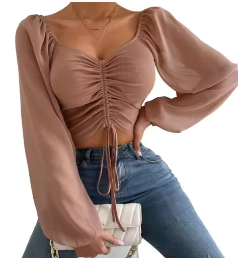 V-Neck Drawstring Crop Top with Balloon Sleeves – Stylish Streetwear | ZanziZest