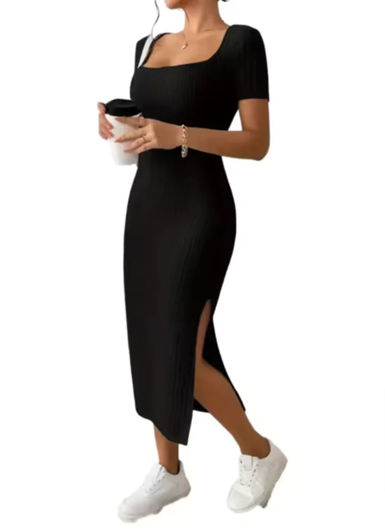 Summer Knit Midi Dress with Square Neck and Slit | ZanziZest