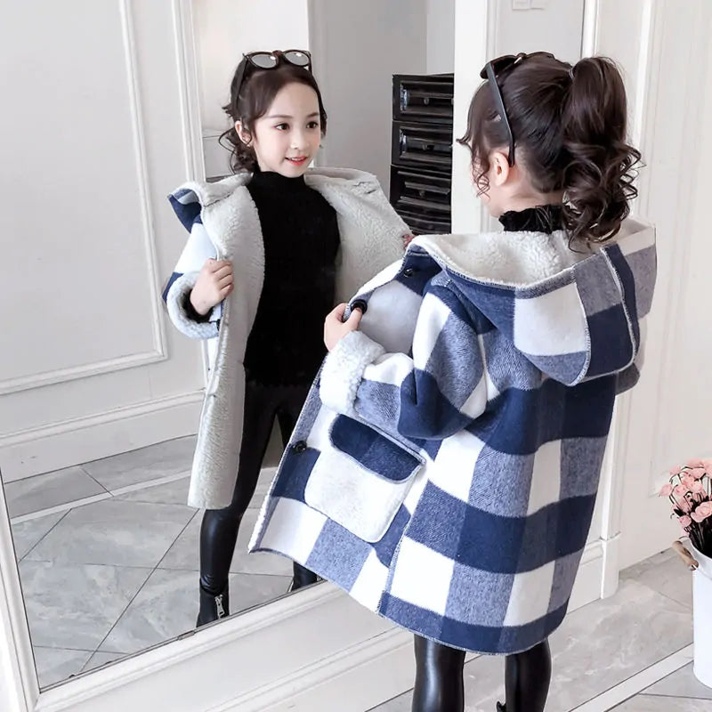 Girl's Plaid Thick Lamb Woolen Coat | ZanziZest