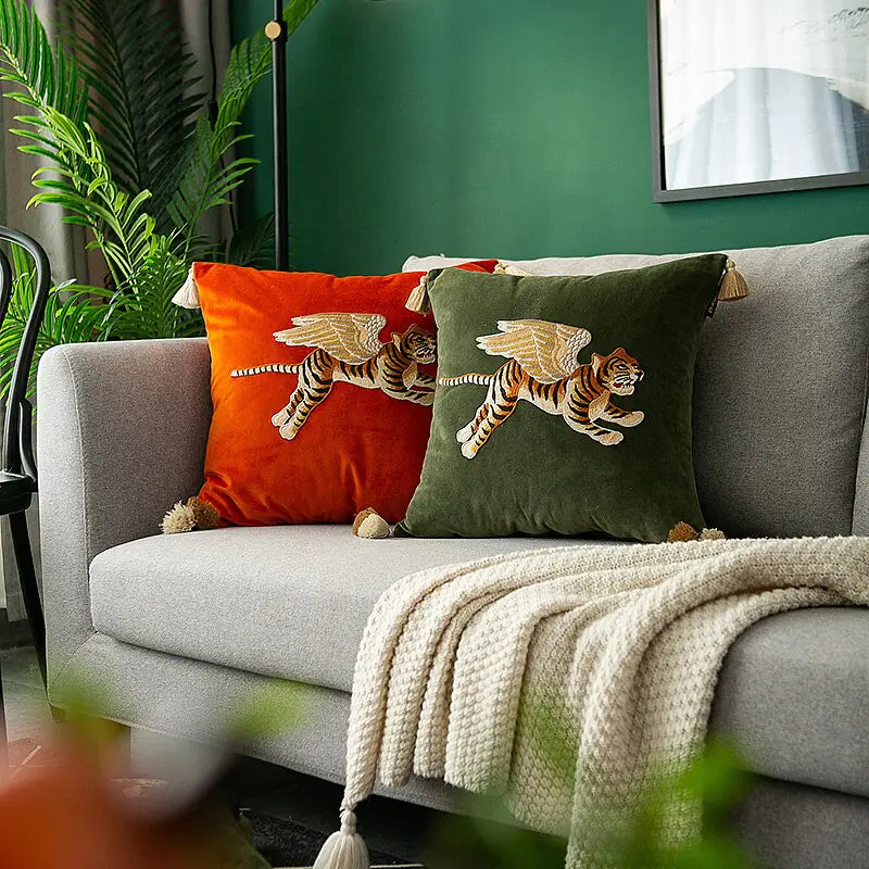 Retro Velvet Flying Tiger Embroidery Cushion Cover | ZanziZest