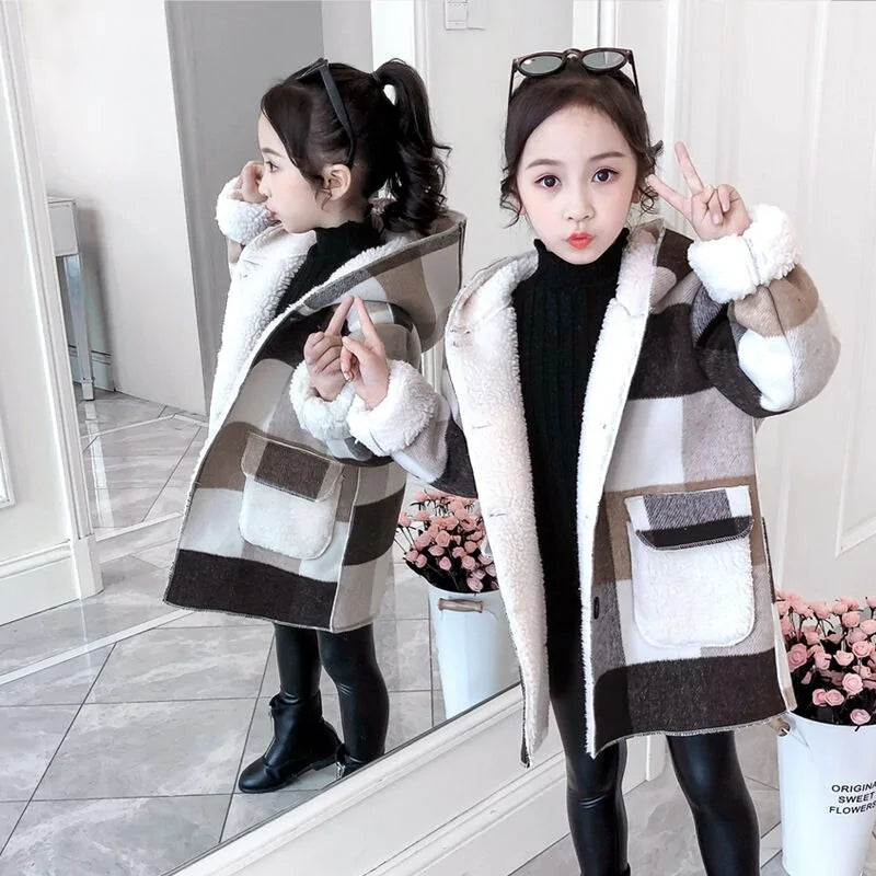 Girl's Plaid Thick Lamb Woolen Coat | ZanziZest