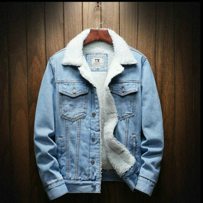 Men Winter Wool Liner Jean Jackets Outerwear Warm Denim Coats, Size:XXXXXL(Sky Blue) | ZanziZest