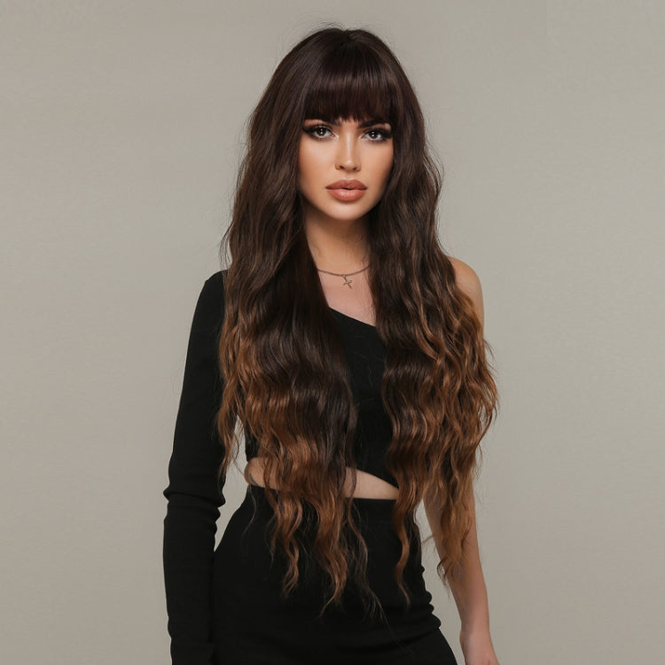 Women Long Hair Wig with Bangs Gradient Fluffy Water Ripple Curly Hair Wig, Color: Gradient Brown LC2029-1 | ZanziZest