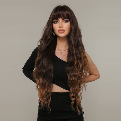 Women Long Hair Wig with Bangs Gradient Fluffy Water Ripple Curly Hair Wig, Color: Gradient Brown LC2029-1 | ZanziZest