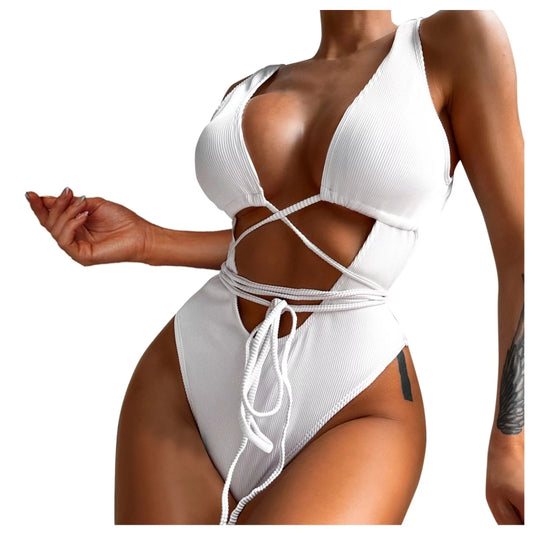 Women One Piece Swimsuit Solid Hollow Out Bandage Swimwear, Size: S(White) | ZanziZest