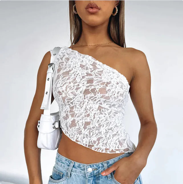 Fairy Lace Cami Top – Sexy One-Shoulder Mesh Crop Tank | ZanziZest