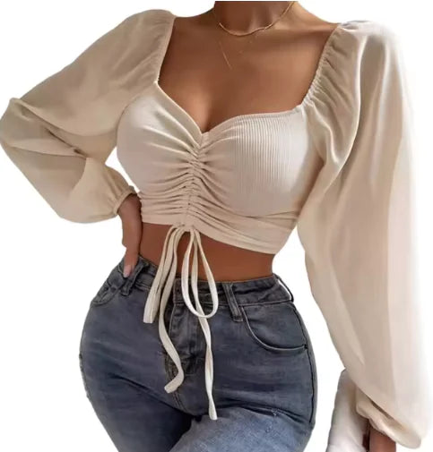 V-Neck Drawstring Crop Top with Balloon Sleeves – Stylish Streetwear | ZanziZest