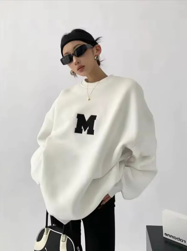 MEXZT Streetwear Y2K Oversized Fleece Sweatshirt with Letter Print – Harajuku & Korean Inspired Casual Hoodie for Women | ZanziZest