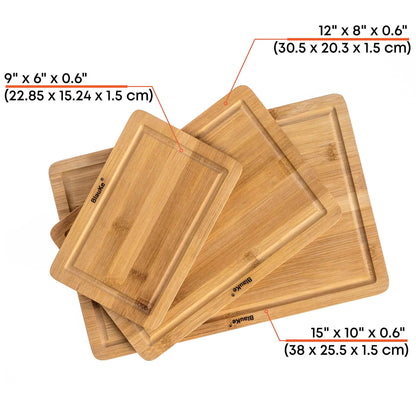 Wooden Cutting Boards for Kitchen with Juice Groove and Handles - Bamboo Chopping Boards Set of 3 - Wood Serving Trays | ZanziZest