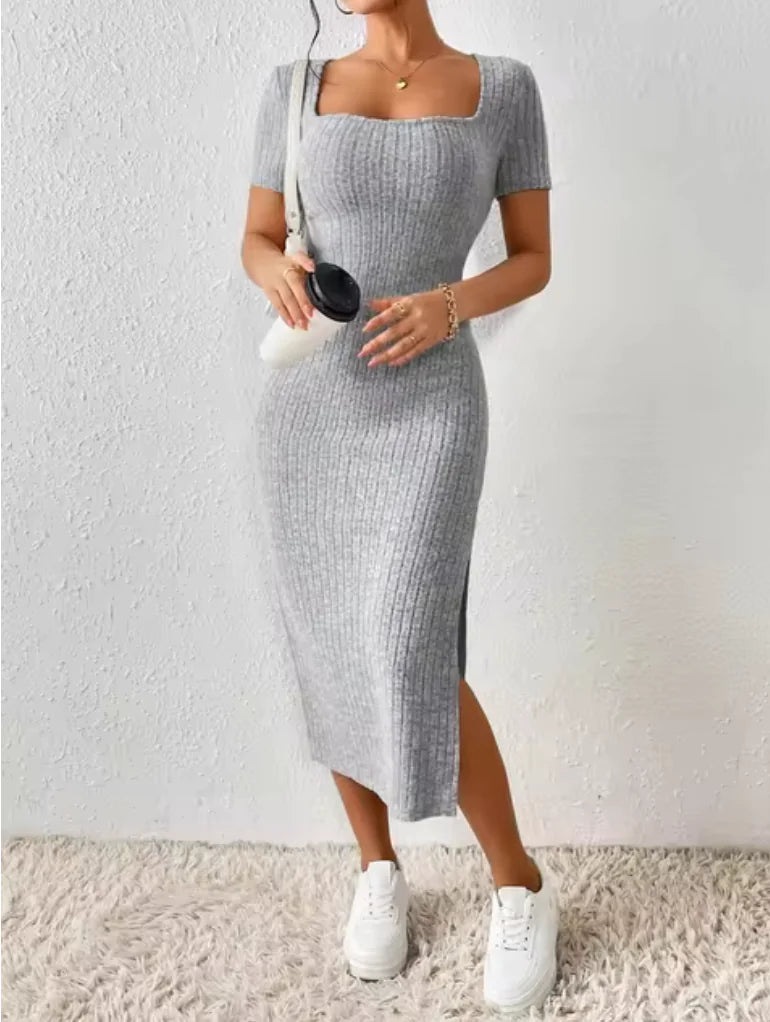 Summer Knit Midi Dress with Square Neck and Slit | ZanziZest