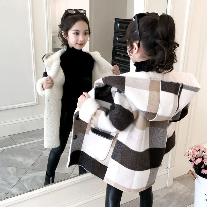 Girl's Plaid Thick Lamb Woolen Coat | ZanziZest