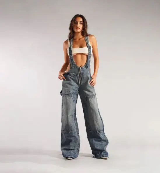 Y2K Loose Denim Overalls with Pockets and Zipper | ZanziZest