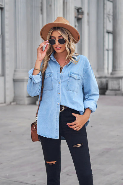 Chic Slim Fit Denim Shirt for Effortless Elegance | ZanziZest