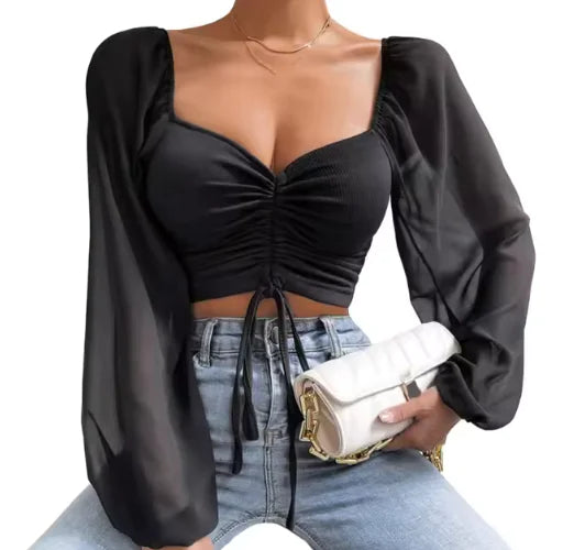 V-Neck Drawstring Crop Top with Balloon Sleeves – Stylish Streetwear | ZanziZest