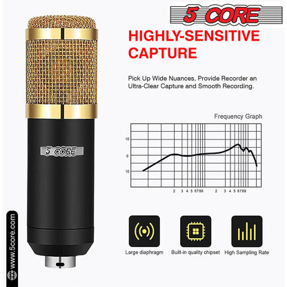 5Core Recording Microphone Podcast Bundle Professional Condenser Cardioid Mic Kit w Boom Arm | ZanziZest