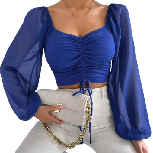 V-Neck Drawstring Crop Top with Balloon Sleeves – Stylish Streetwear | ZanziZest