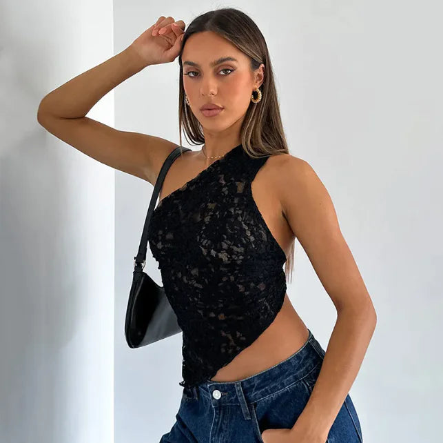 Fairy Lace Cami Top – Sexy One-Shoulder Mesh Crop Tank | ZanziZest