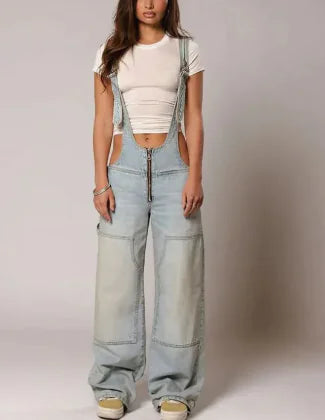 Y2K Loose Denim Overalls with Pockets and Zipper | ZanziZest