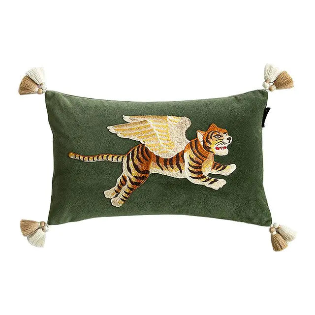 Retro Velvet Flying Tiger Embroidery Cushion Cover | ZanziZest