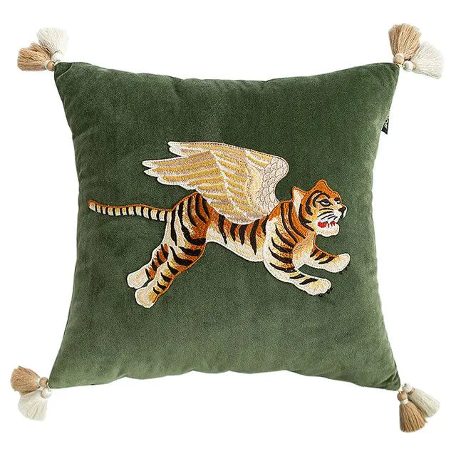 Retro Velvet Flying Tiger Embroidery Cushion Cover | ZanziZest